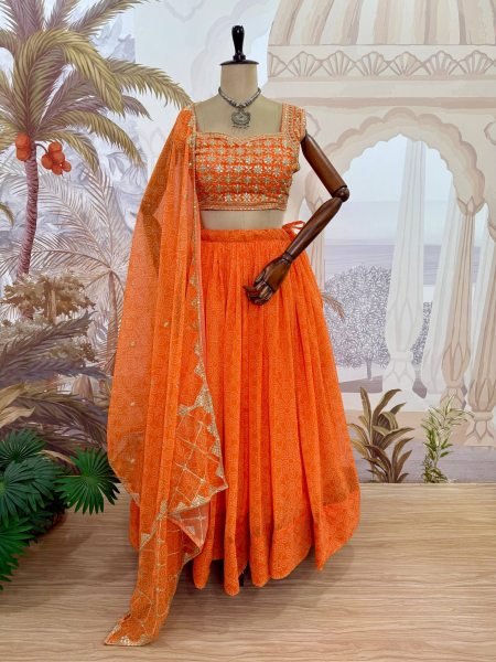Unique Orange Navratri 2026 Printed Faux Georgette Lehenga Choli At Wholesale Rate Navratri Lehnega Choli