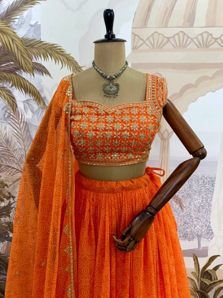 Unique Orange Navratri 2026 Printed Faux Georgette Lehenga Choli At Wholesale Rate Navratri Lehnega Choli