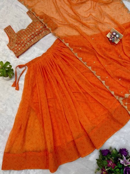 Unique Orange Navratri 2026 Printed Faux Georgette Lehenga Choli At Wholesale Rate Navratri Lehnega Choli