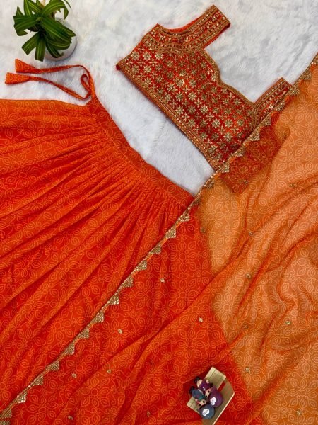 Unique Orange Navratri 2026 Printed Faux Georgette Lehenga Choli At Wholesale Rate Navratri Lehnega Choli