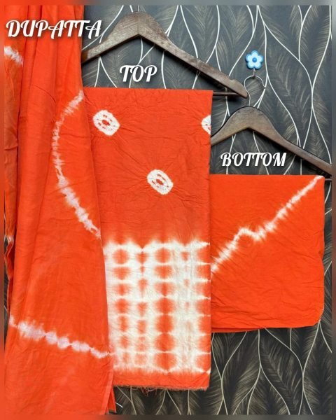 Unique Orange Pure Chanderi Cotton Hand Bandhej 3 Piece Dress Material at Wholesale Rate Color Set Matching Dress Material Wholesale