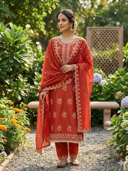 Unique Orange Vichitra Silk Festival Wear Dress Material with Embroidery Work Dress Material 
