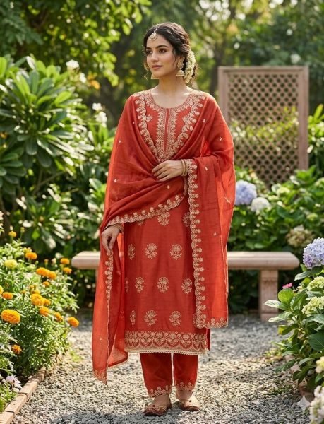 Unique Orange Vichitra Silk Festival Wear Dress Material with Embroidery Work Color Set Matching Dress Material Wholesale