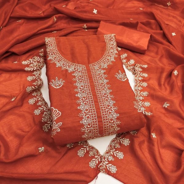 Unique Orange Vichitra Silk Festival Wear Dress Material with Embroidery Work Color Set Matching Dress Material Wholesale