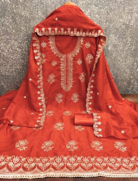 Unique Orange Vichitra Silk Festival Wear Dress Material with Embroidery Work Color Set Matching Dress Material Wholesale