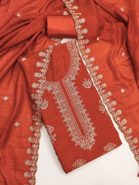 Unique Orange Vichitra Silk Festival Wear Dress Material with Embroidery Work Color Set Matching Dress Material Wholesale
