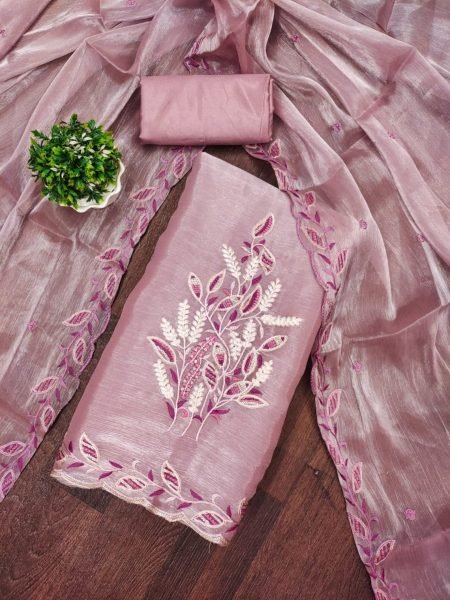 Unique  Pearl Pink Color Barbrik silk Dress Material with Dupatta and Bottom Color Set Matching Dress Material Wholesale