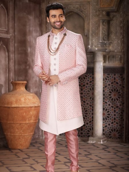 Unique Pink 3 Piece Indo Western Set in Art Silk for Groom Wear Mens Wear