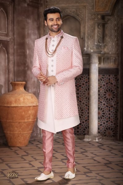 Unique Pink 3 Piece Indo Western Set in Art Silk for Groom Wear Kurta Pajama Wholesale