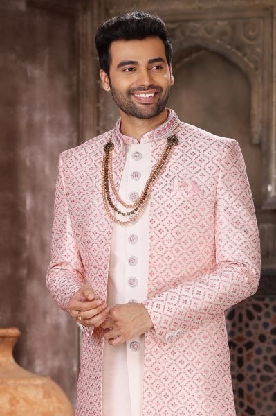 Unique Pink 3 Piece Indo Western Set in Art Silk for Groom Wear Kurta Pajama Wholesale