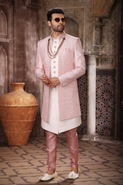 Unique Pink 3 Piece Indo Western Set in Art Silk for Groom Wear Kurta Pajama Wholesale