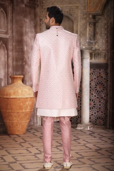 Unique Pink 3 Piece Indo Western Set in Art Silk for Groom Wear Kurta Pajama Wholesale