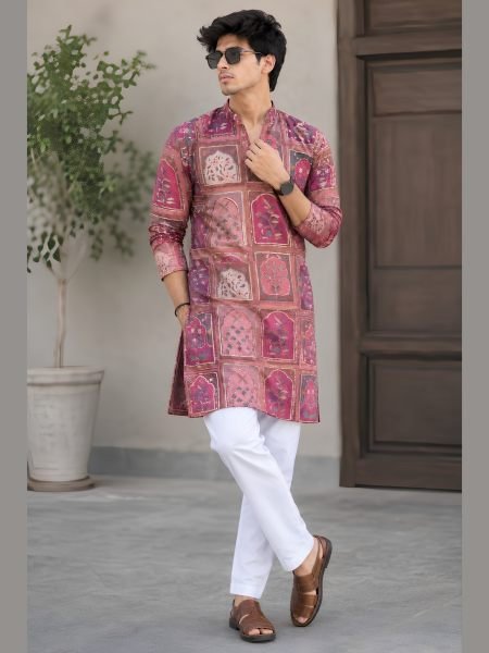 Unique Pink Designer Men   s Chinon Kurta with Positional Golden Embroidery 