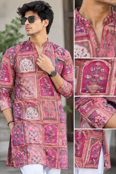 Unique Pink Designer Men   s Chinon Kurta with Positional Golden Embroidery Kurta Pajama Wholesale