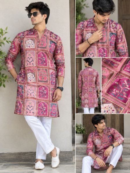 Unique Pink Designer Men   s Chinon Kurta with Positional Golden Embroidery Kurta Pajama Wholesale