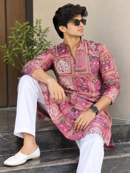 Unique Pink Designer Men   s Chinon Kurta with Positional Golden Embroidery Kurta Pajama Wholesale