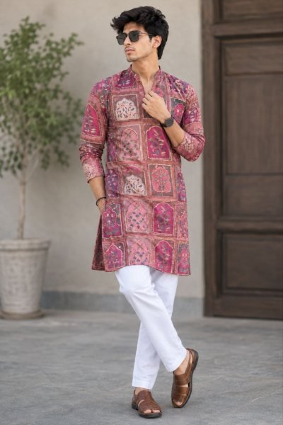 Unique Pink Designer Men   s Chinon Kurta with Positional Golden Embroidery Kurta Pajama Wholesale