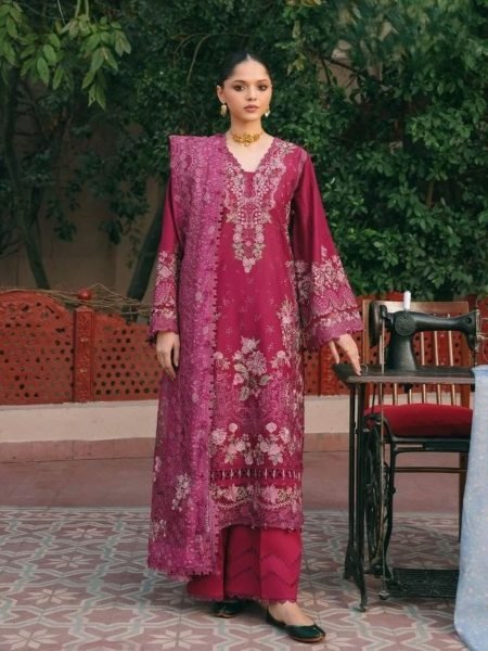 Unique Pink Embroidered Cotton Suit Set with Lawn Bottom and Printed Dupatta Salwar Kameez