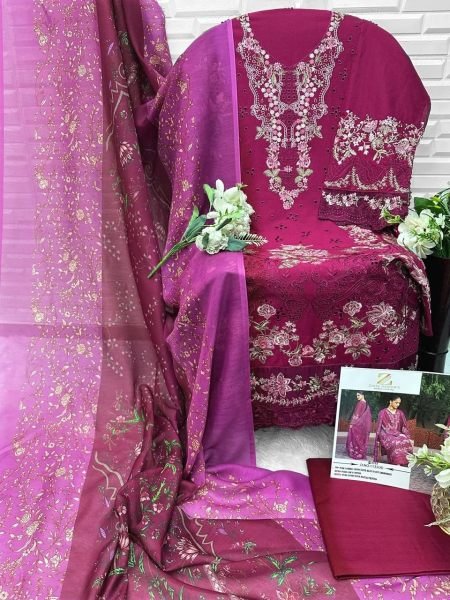 Unique Pink Embroidered Cotton Suit Set with Lawn Bottom and Printed Dupatta Pakistani Suits Wholesale