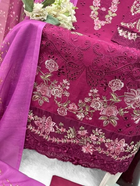 Unique Pink Embroidered Cotton Suit Set with Lawn Bottom and Printed Dupatta Pakistani Suits Wholesale