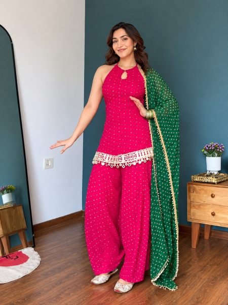 Unique Pink Heavy Faux Georgette Top Farshi Dupatta Set with Real Mirror 