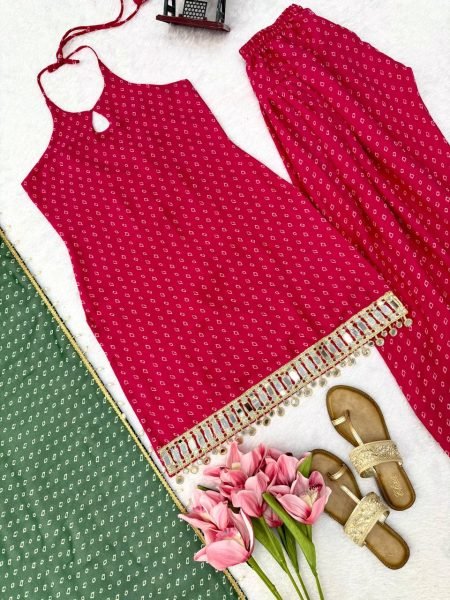 Unique Pink Heavy Faux Georgette Top Farshi Dupatta Set with Real Mirror Ready To Wear Collection