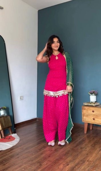 Unique Pink Heavy Faux Georgette Top Farshi Dupatta Set with Real Mirror Ready To Wear Collection