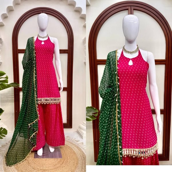 Unique Pink Heavy Faux Georgette Top Farshi Dupatta Set with Real Mirror Ready To Wear Collection