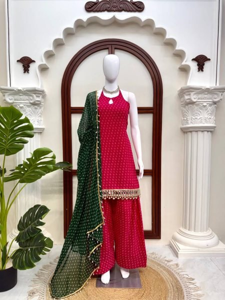 Unique Pink Heavy Faux Georgette Top Farshi Dupatta Set with Real Mirror Ready To Wear Collection