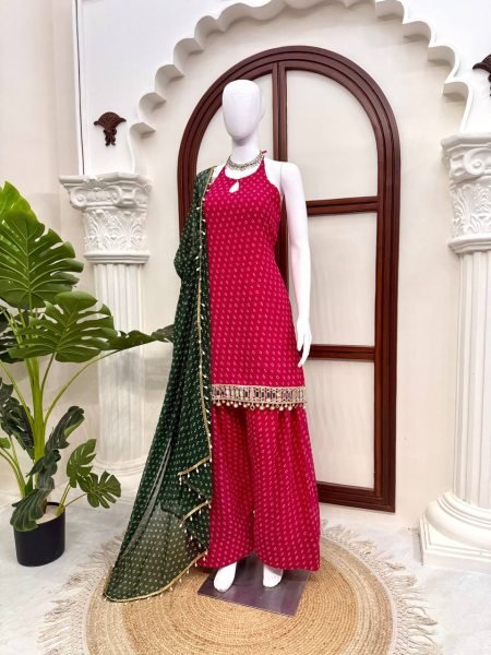 Unique Pink Heavy Faux Georgette Top Farshi Dupatta Set with Real Mirror Ready To Wear Collection