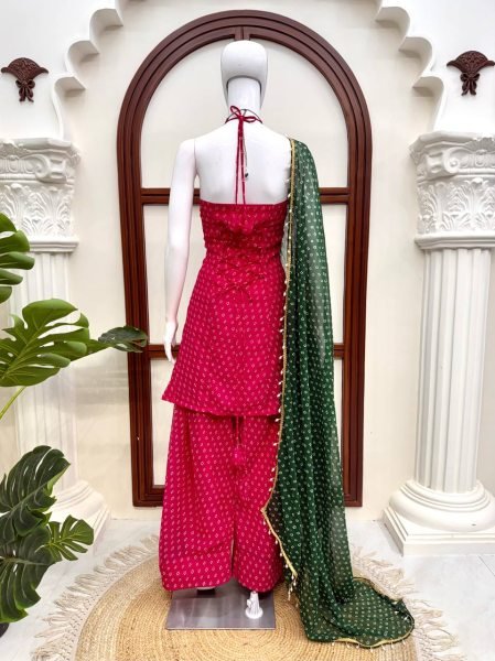 Unique Pink Heavy Faux Georgette Top Farshi Dupatta Set with Real Mirror Ready To Wear Collection