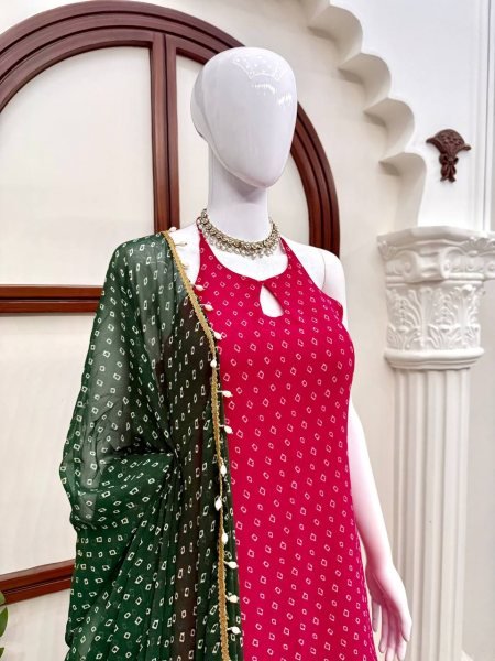 Unique Pink Heavy Faux Georgette Top Farshi Dupatta Set with Real Mirror Ready To Wear Collection