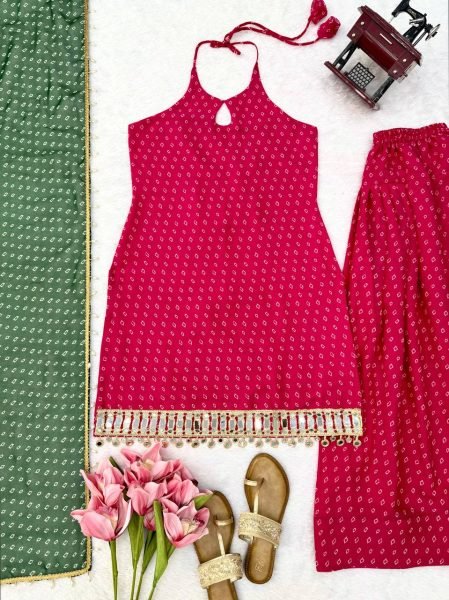Unique Pink Heavy Faux Georgette Top Farshi Dupatta Set with Real Mirror Ready To Wear Collection
