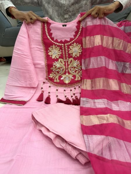 Unique Pink Mul Chanderi Kurti Set With HandWork On Neck For Women 3 Piece Kurti Set