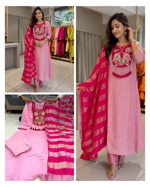 Unique Pink Mul Chanderi Kurti Set With HandWork On Neck For Women 3 Piece Kurti Set