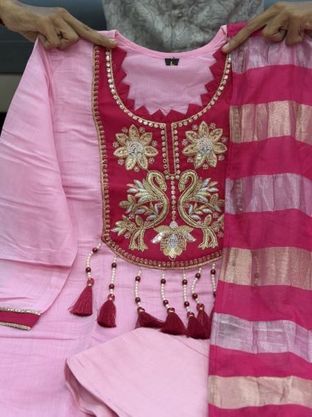 Unique Pink Mul Chanderi Kurti Set With HandWork On Neck For Women 3 Piece Kurti Set