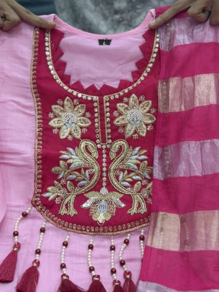 Unique Pink Mul Chanderi Kurti Set With HandWork On Neck For Women 3 Piece Kurti Set