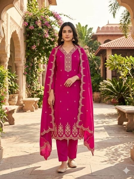 Unique Pink Traditional Vichitra Silk Embroidered Suit Fabric with Matching Dupatta 