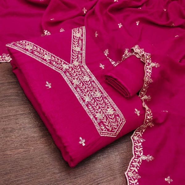 Unique Pink Traditional Vichitra Silk Embroidered Suit Fabric with Matching Dupatta Color Set Matching Dress Material Wholesale