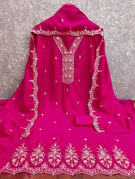Unique Pink Traditional Vichitra Silk Embroidered Suit Fabric with Matching Dupatta Color Set Matching Dress Material Wholesale