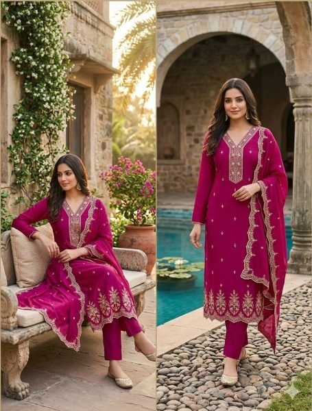 Unique Pink Traditional Vichitra Silk Embroidered Suit Fabric with Matching Dupatta Color Set Matching Dress Material Wholesale