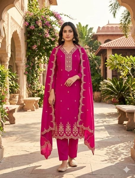 Unique Pink Traditional Vichitra Silk Embroidered Suit Fabric with Matching Dupatta Color Set Matching Dress Material Wholesale