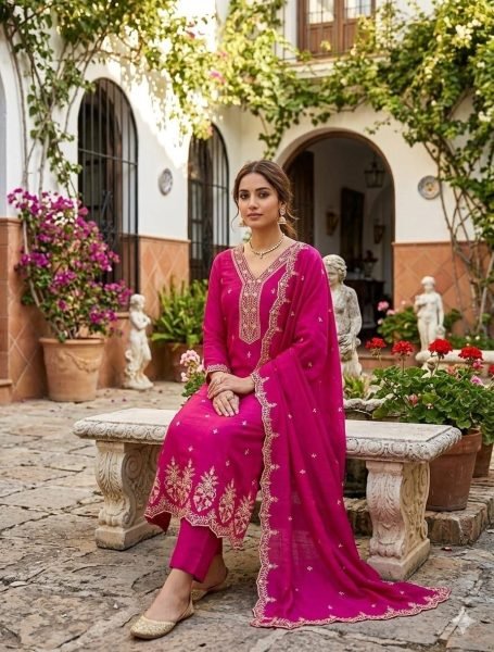 Unique Pink Traditional Vichitra Silk Embroidered Suit Fabric with Matching Dupatta Color Set Matching Dress Material Wholesale