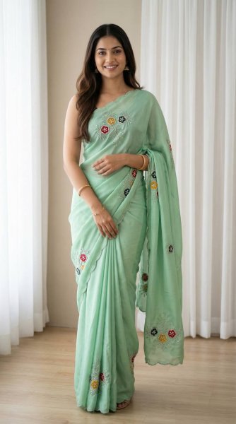 Unique Pista Rangoli Fabric Saree with Cutdana Handwork for Party Wear Silk Sarees Wholesale