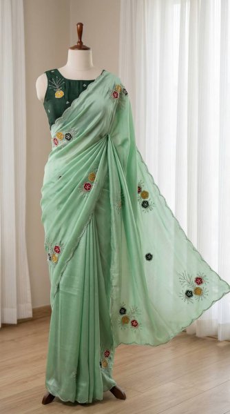 Unique Pista Rangoli Fabric Saree with Cutdana Handwork for Party Wear Silk Sarees Wholesale