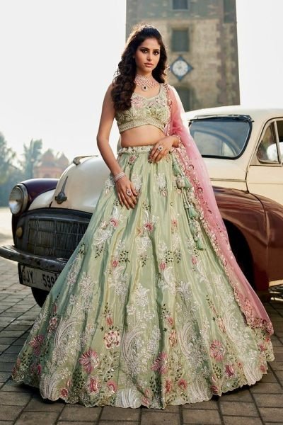 Unique Pista Women's Satin Silk Lehenga Choli with Designer Blouse Bridal Lehenga Choli