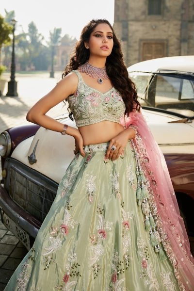 Unique Pista Women's Satin Silk Lehenga Choli with Designer Blouse Bridal Lehenga Choli