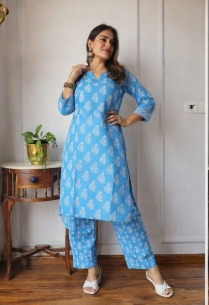 Unique Powder Blue Printed Linen Kurti Pant Set for Daily Wear at Manufacturer Rate Printed Kurtis