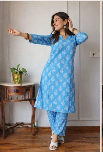Unique Powder Blue Printed Linen Kurti Pant Set for Daily Wear at Manufacturer Rate Printed Kurtis