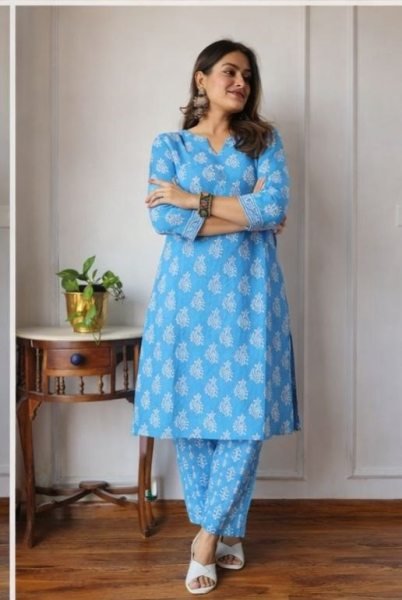 Unique Powder Blue Printed Linen Kurti Pant Set for Daily Wear at Manufacturer Rate Printed Kurtis